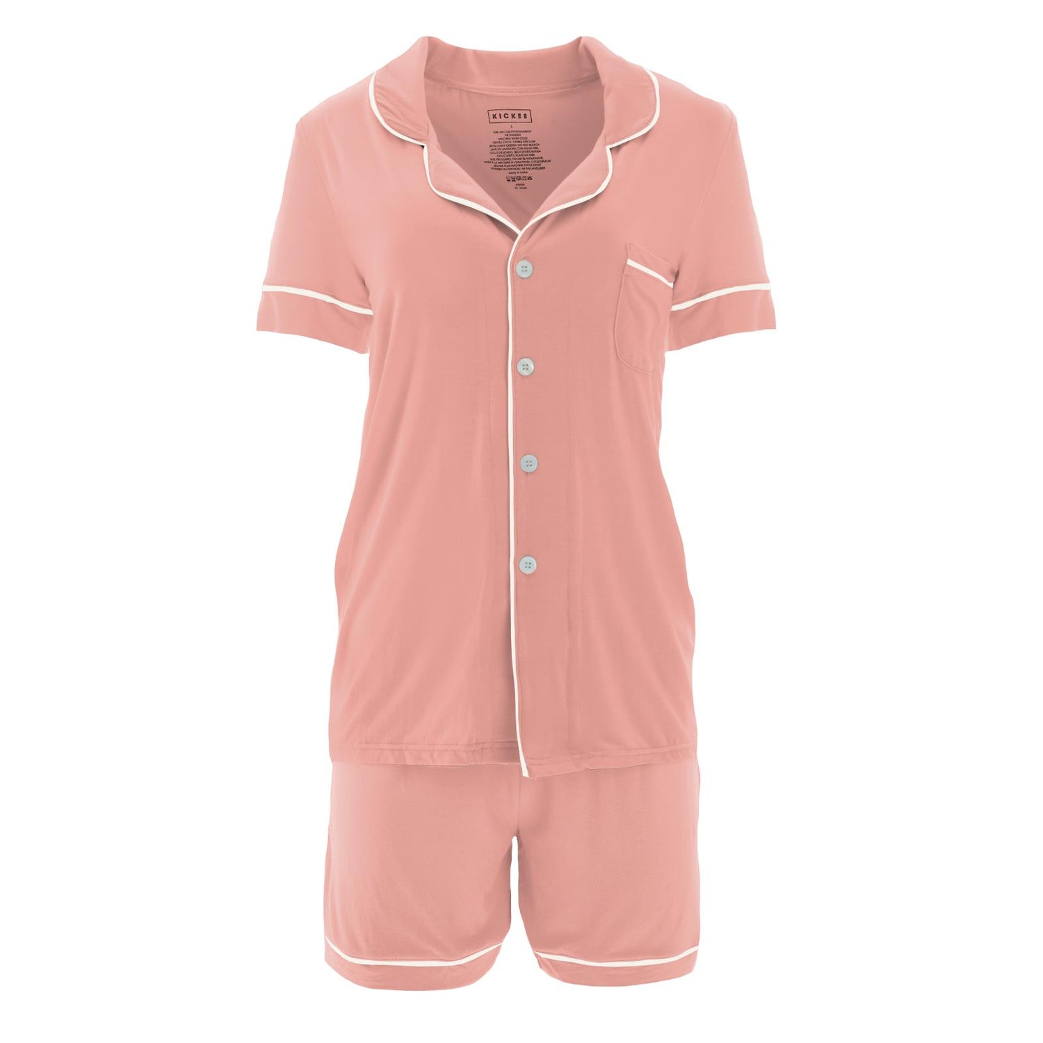 Women's Short Sleeve Collared Pajama Set with Shorts in Blush with Natural