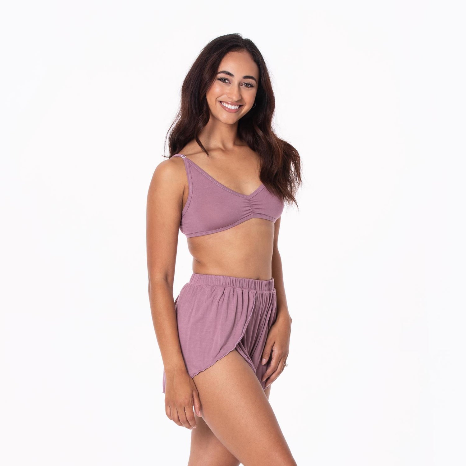 Women's Sleeping Bra, Tulip Shorts and Duster Robe Set in Elderberry