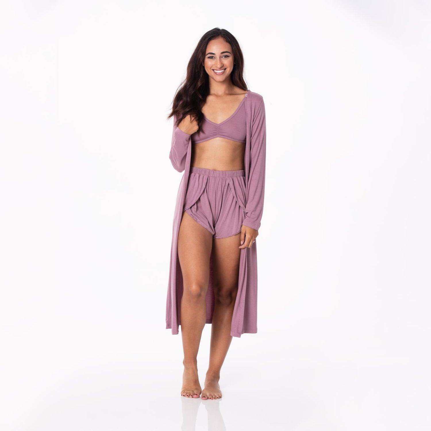 Women's Sleeping Bra, Tulip Shorts and Duster Robe Set in Elderberry