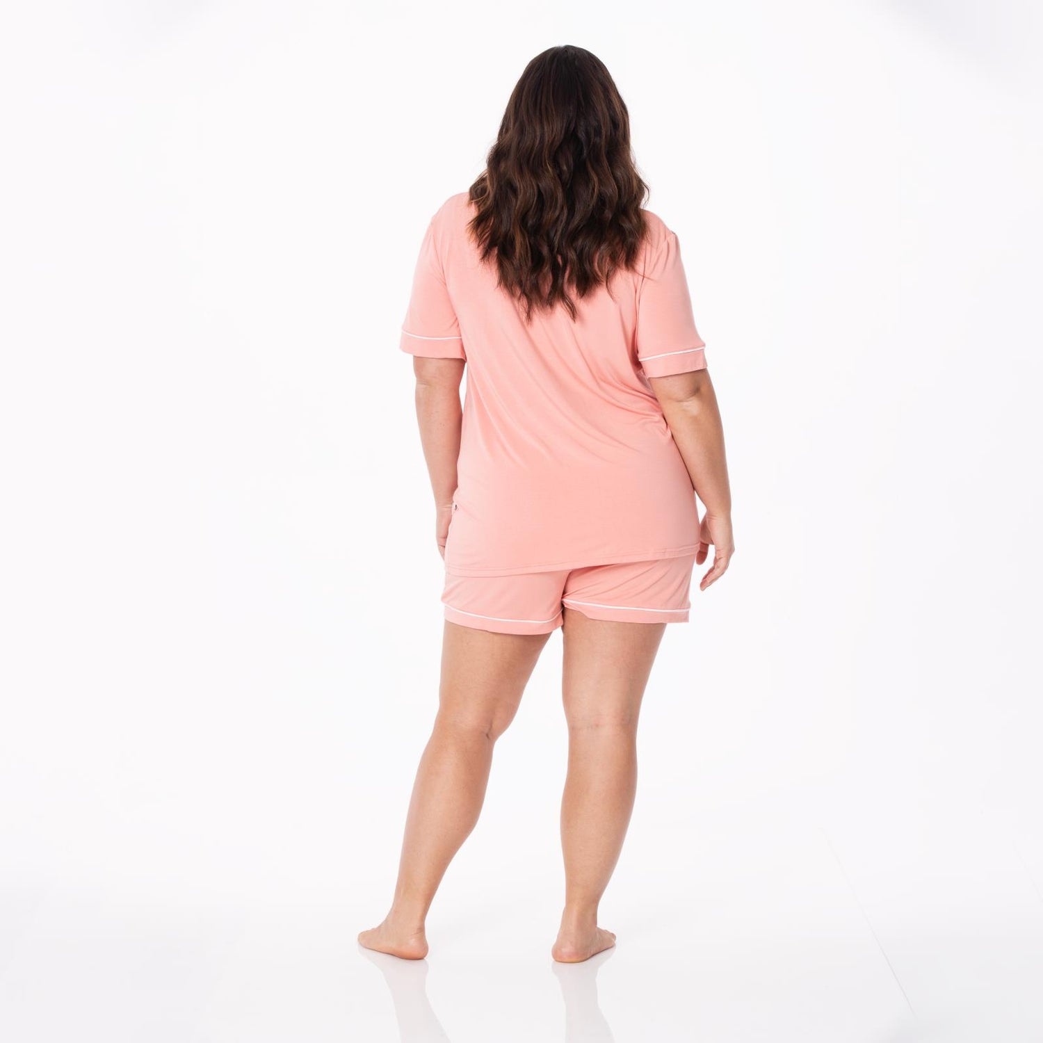 Women's Short Sleeve Collared Pajama Set with Shorts in Blush with Natural