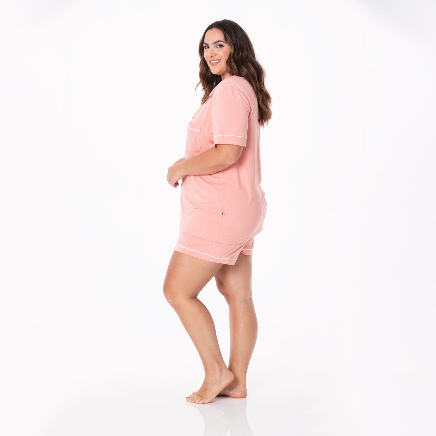 Women's Short Sleeve Collared Pajama Set with Shorts in Blush with Natural