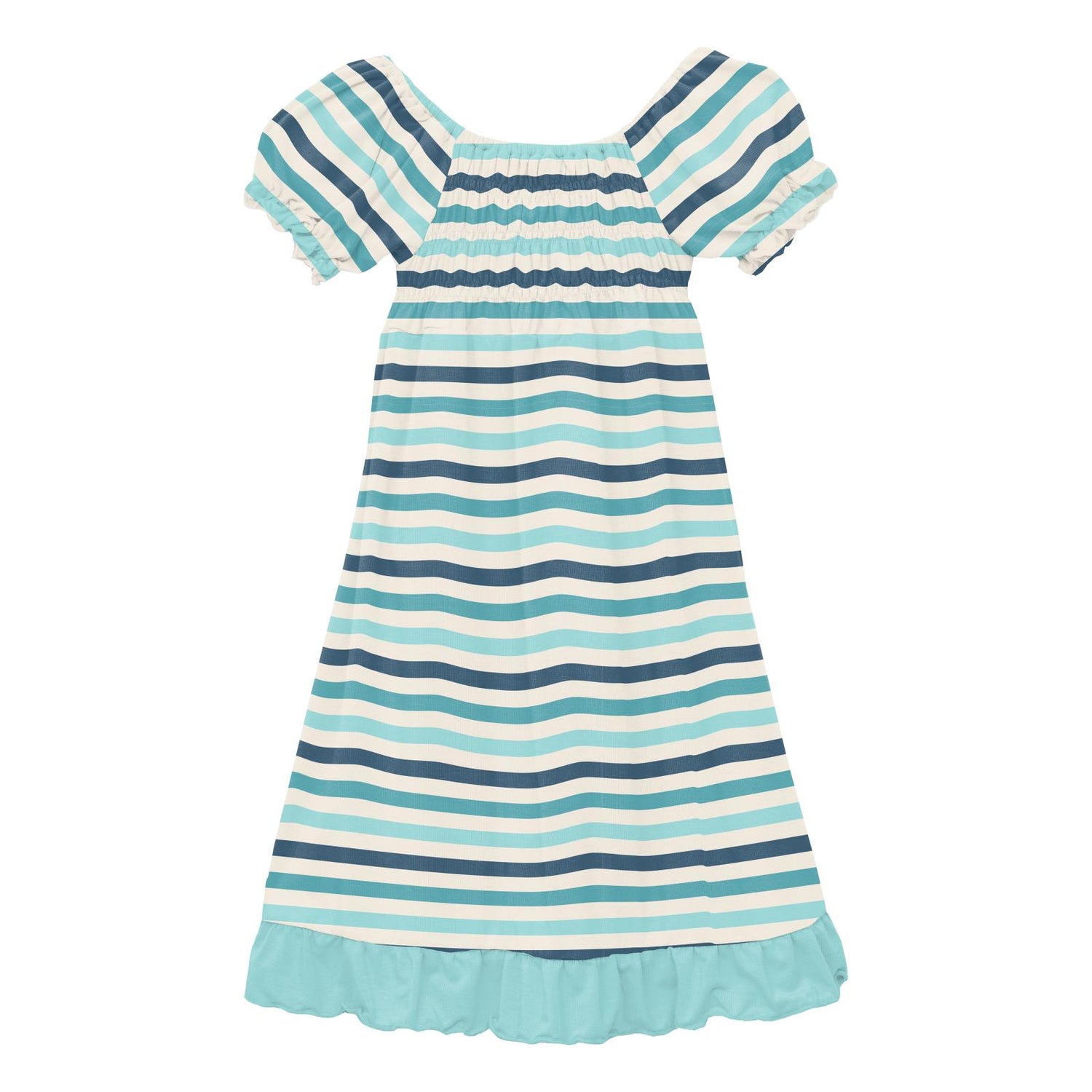 Print Short Sleeve Gathered Dress in Cruisin' Stripe