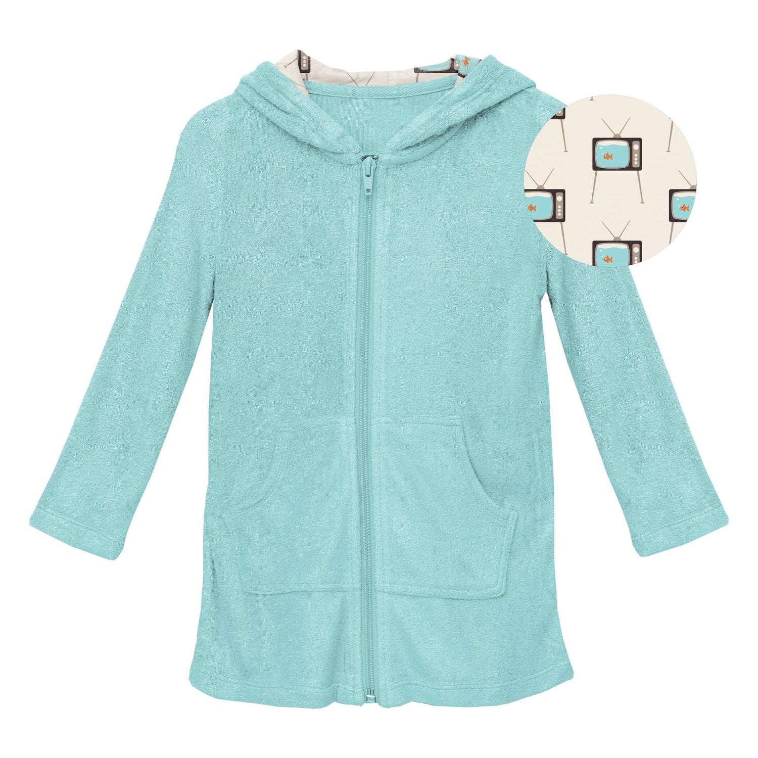 Terry Zip-Front After Swim Robe with Lined Hood in Summer Sky with Natural Vintage TV