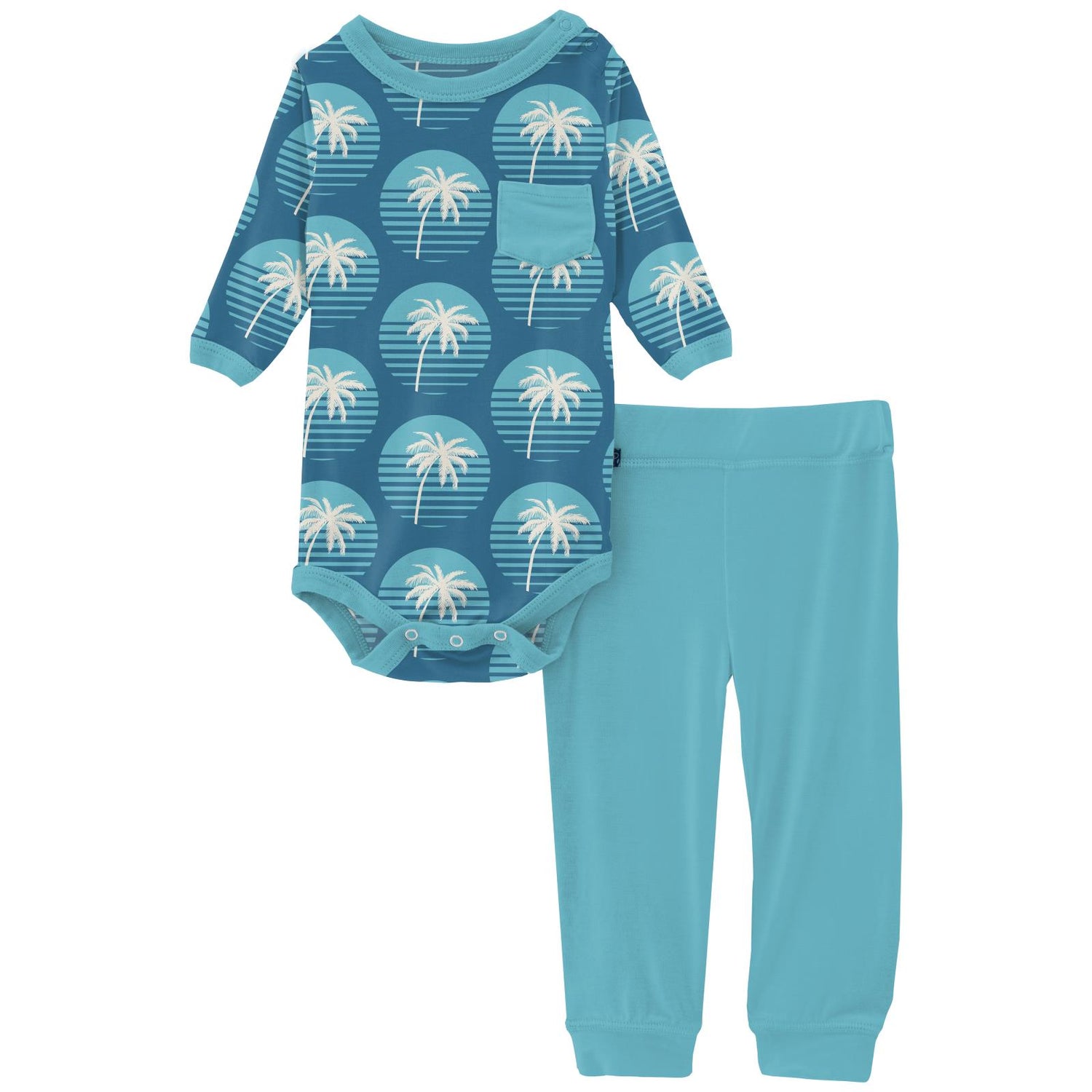 Print Long Sleeve Pocket One Piece & Pants Outfit Set in Cerulean Blue Palm Tree Sun