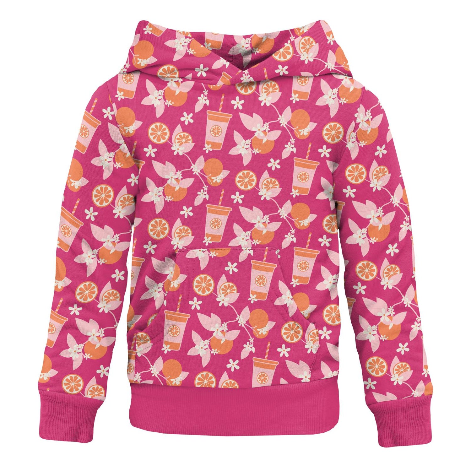 Print Fleece Kangaroo Pocket Pullover in Calypso Orange Cream