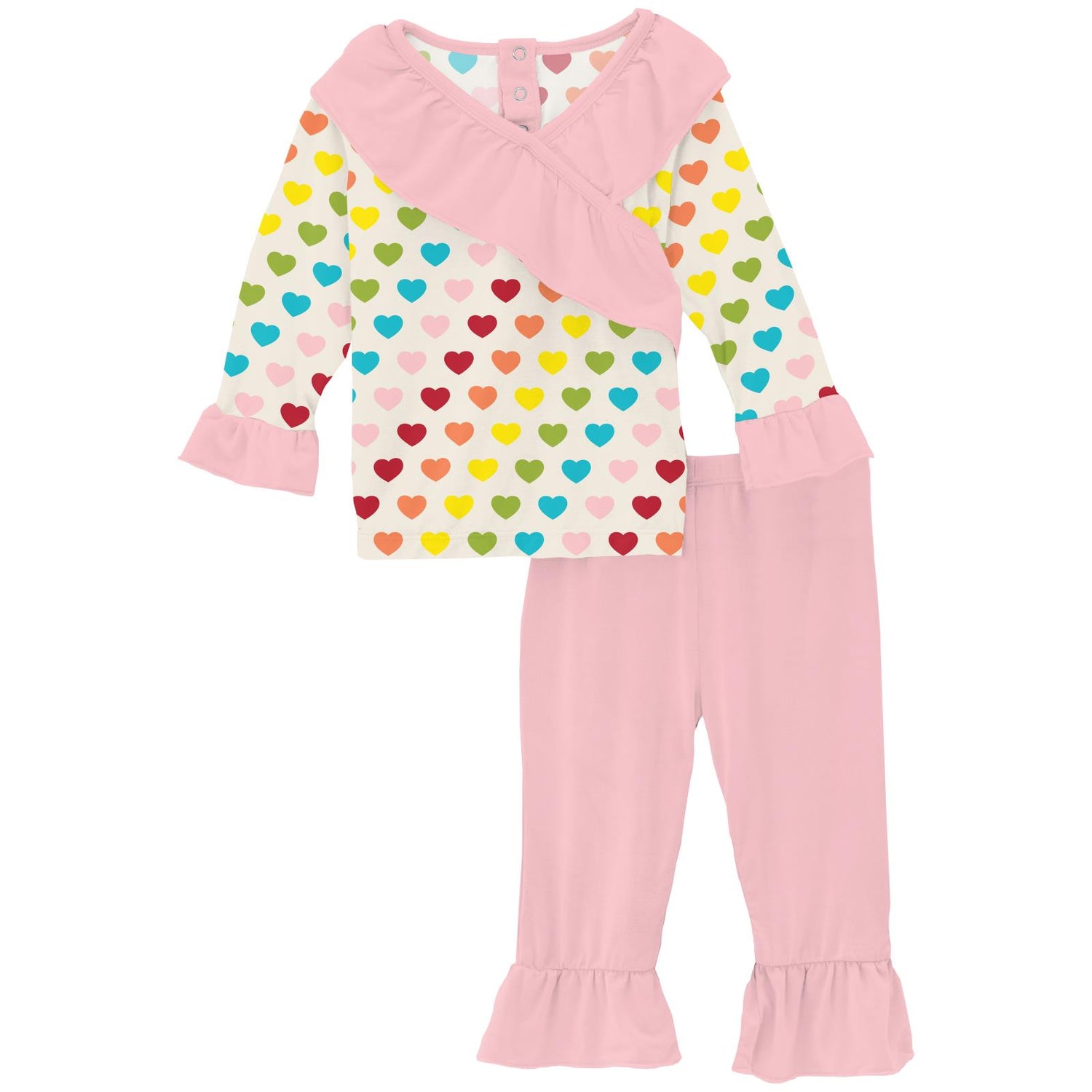 Print Long Sleeve Kimono Ruffle Outfit Set in Rainbow Hearts