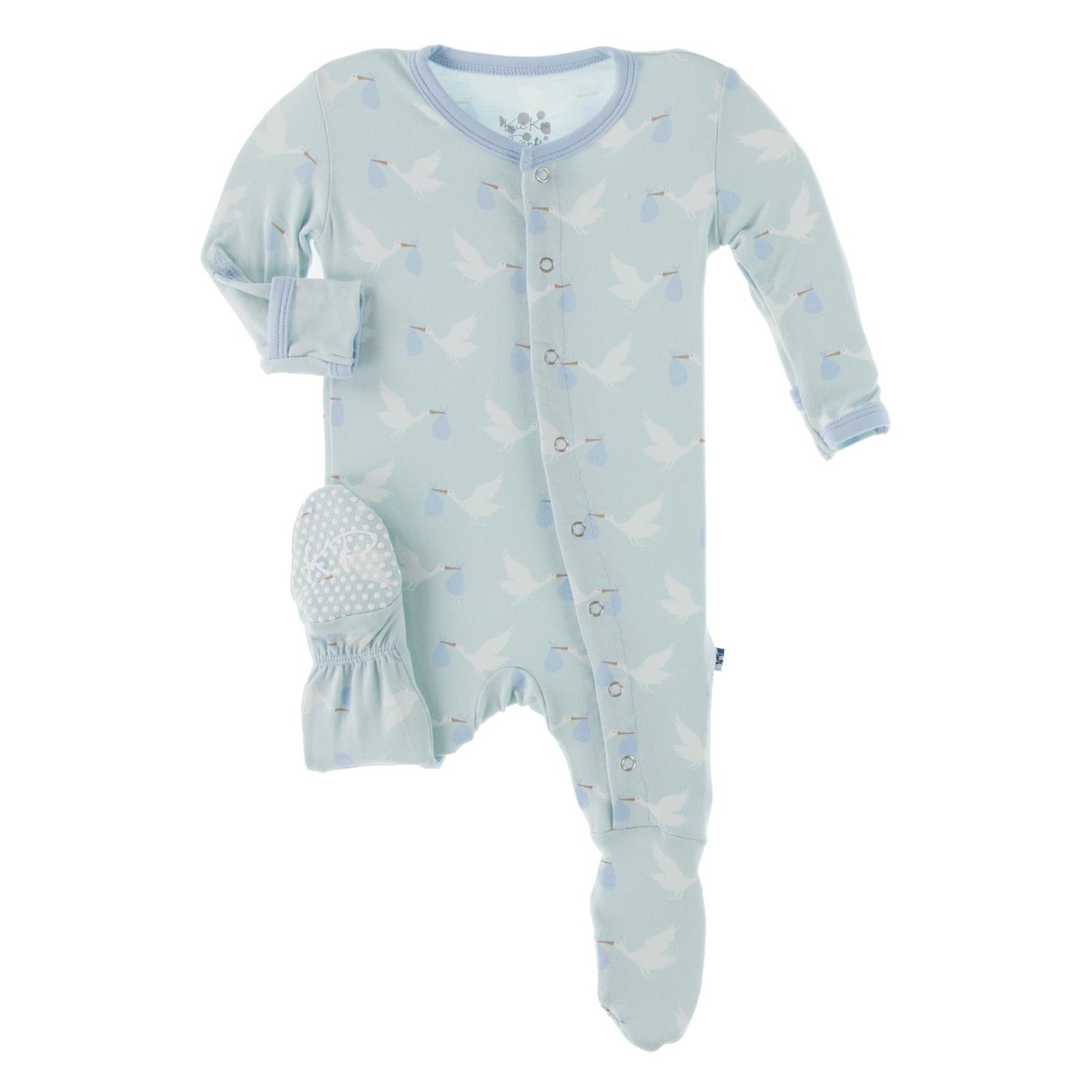 Print Footie with Snaps in Spring Sky Stork