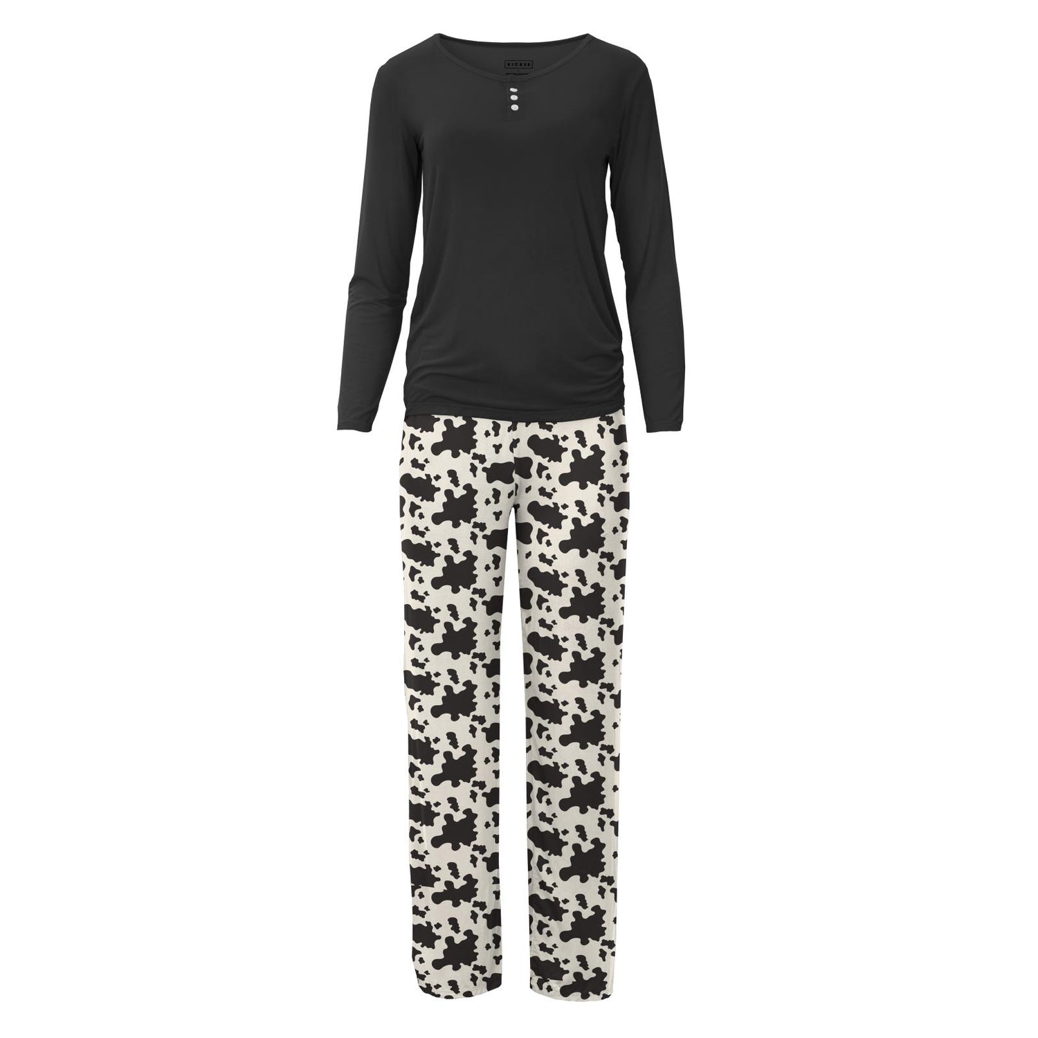 Women's Print Long Sleeve Henley Tee & PJ Pant Set in Cow Print