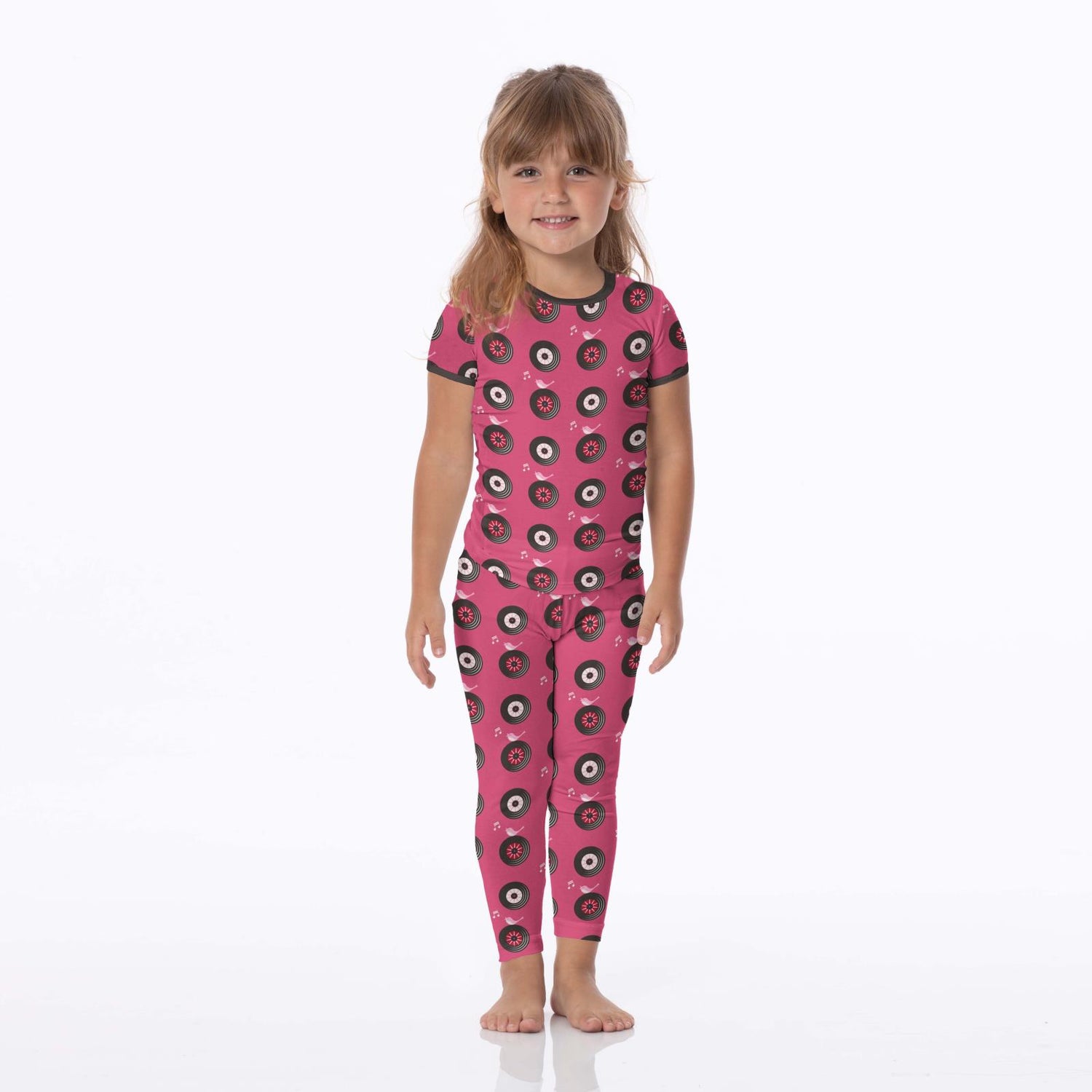 Print Short Sleeve Pajama Set in Flamingo Record Birds
