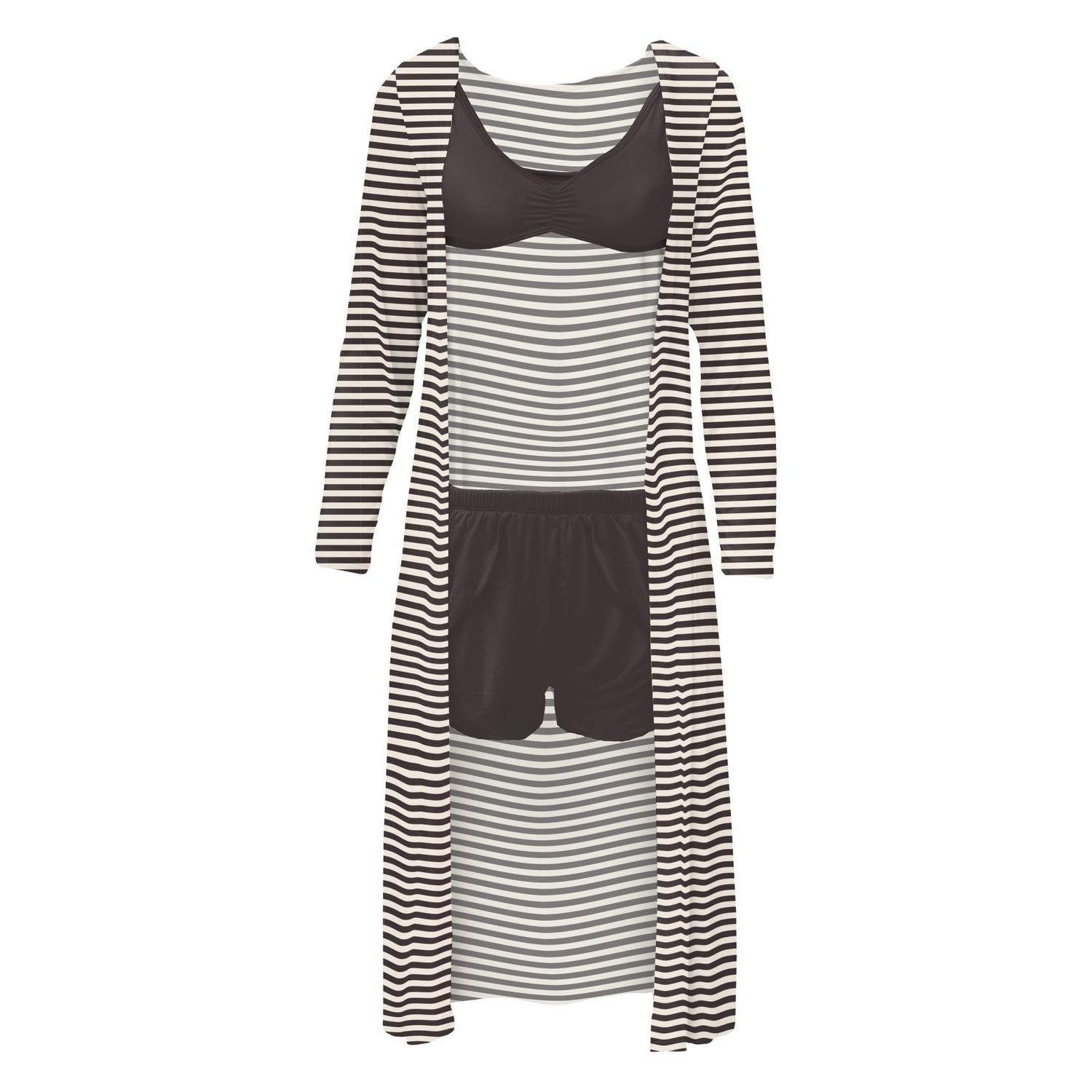 Women's Print Sleeping Bra, Tulip Shorts and Duster Robe Set in Jailhouse Rock Stripe