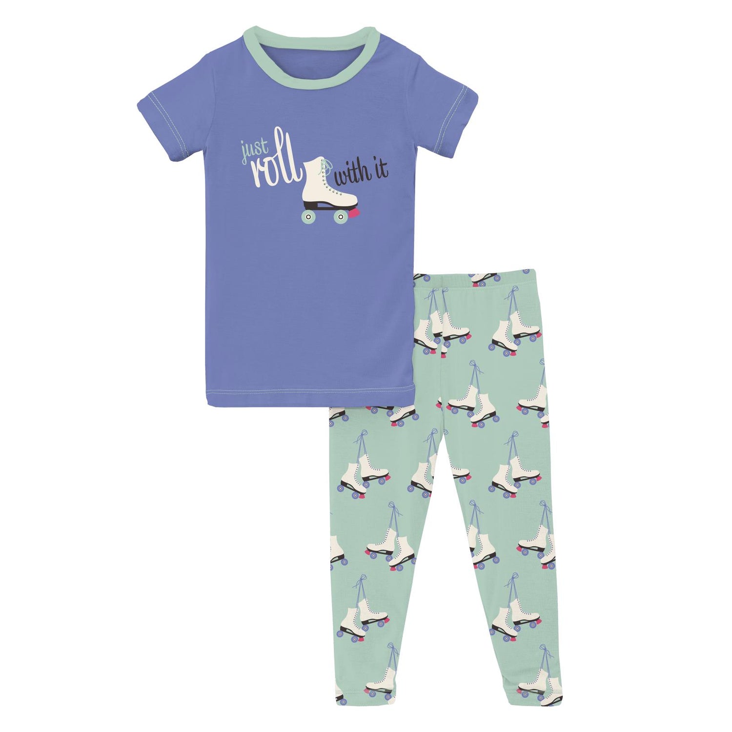 Short Sleeve Graphic Tee Pajama Set in Pistachio Roller Skates