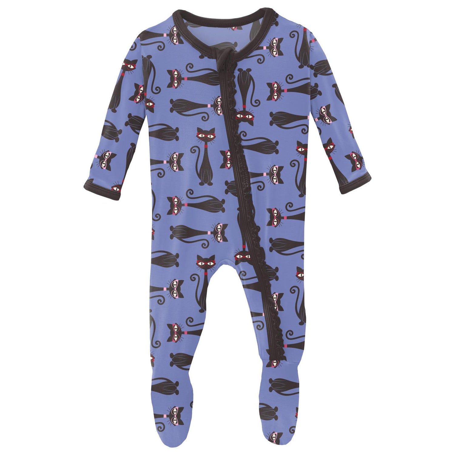 Print Muffin Ruffle Footie with Zipper in Forget Me Not Cool Cats