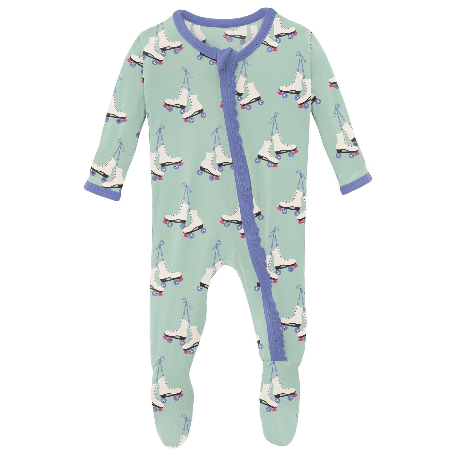 Print Muffin Ruffle Footie with Zipper in Pistachio Roller Skates