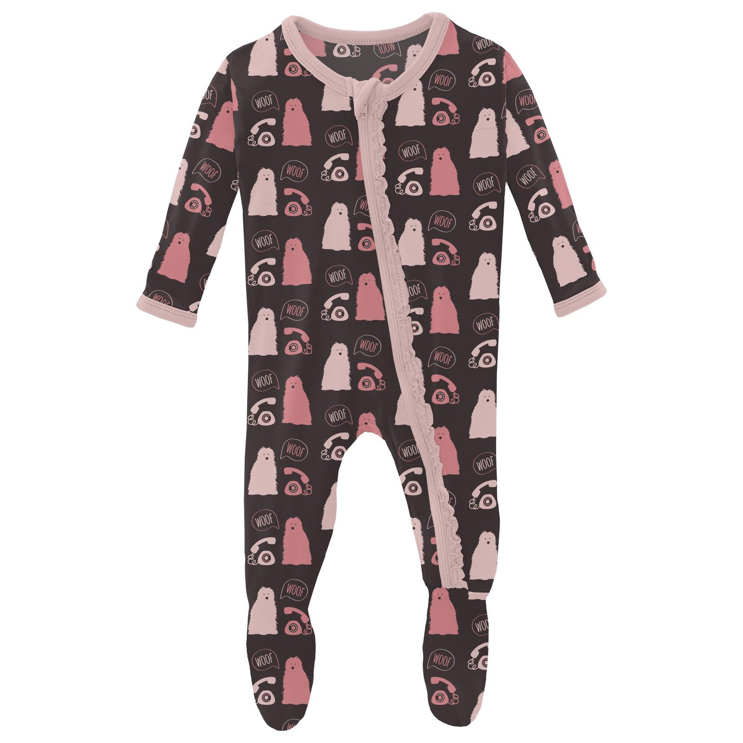 Print Muffin Ruffle Footie with Zipper in Midnight Telephone and Dog