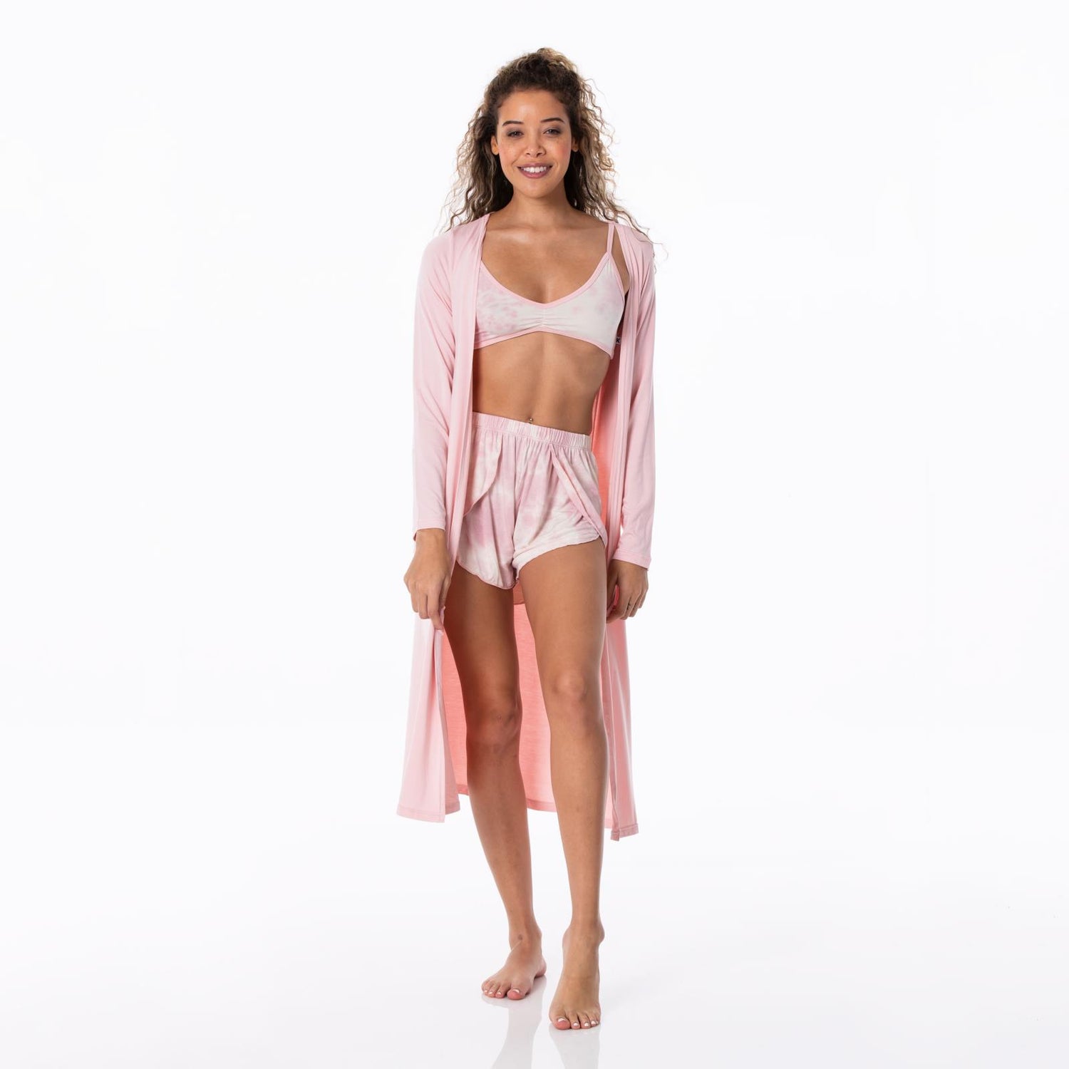 Women's Print Sleeping Bra, Tulip Shorts and Duster Robe Set in Baby Rose Tie Dye
