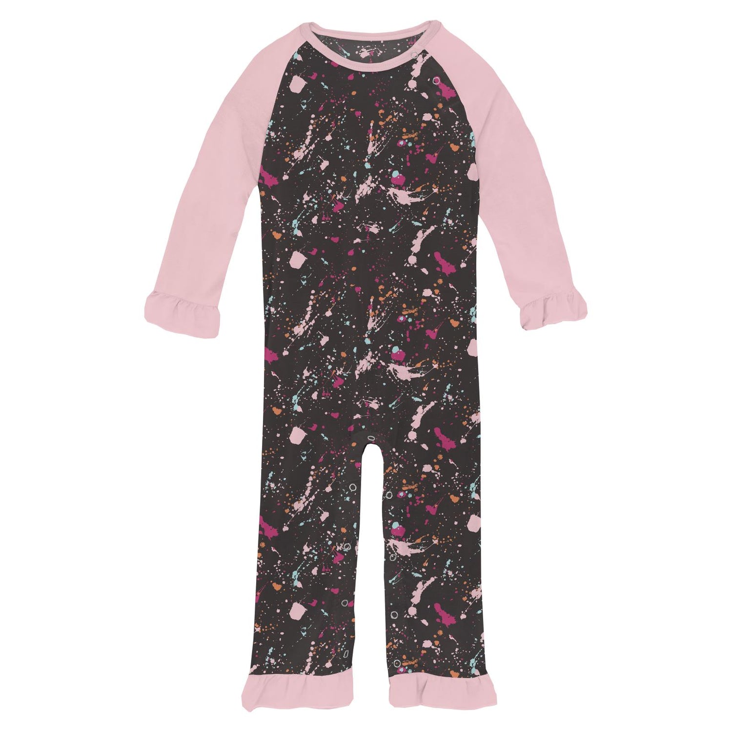 Print Long Sleeve Ruffle Raglan Romper in Calypso Splatter Paint