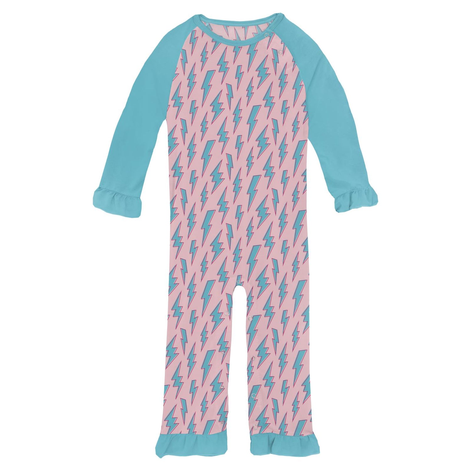 Print Long Sleeve Ruffle Raglan Romper in Lotus Lightning