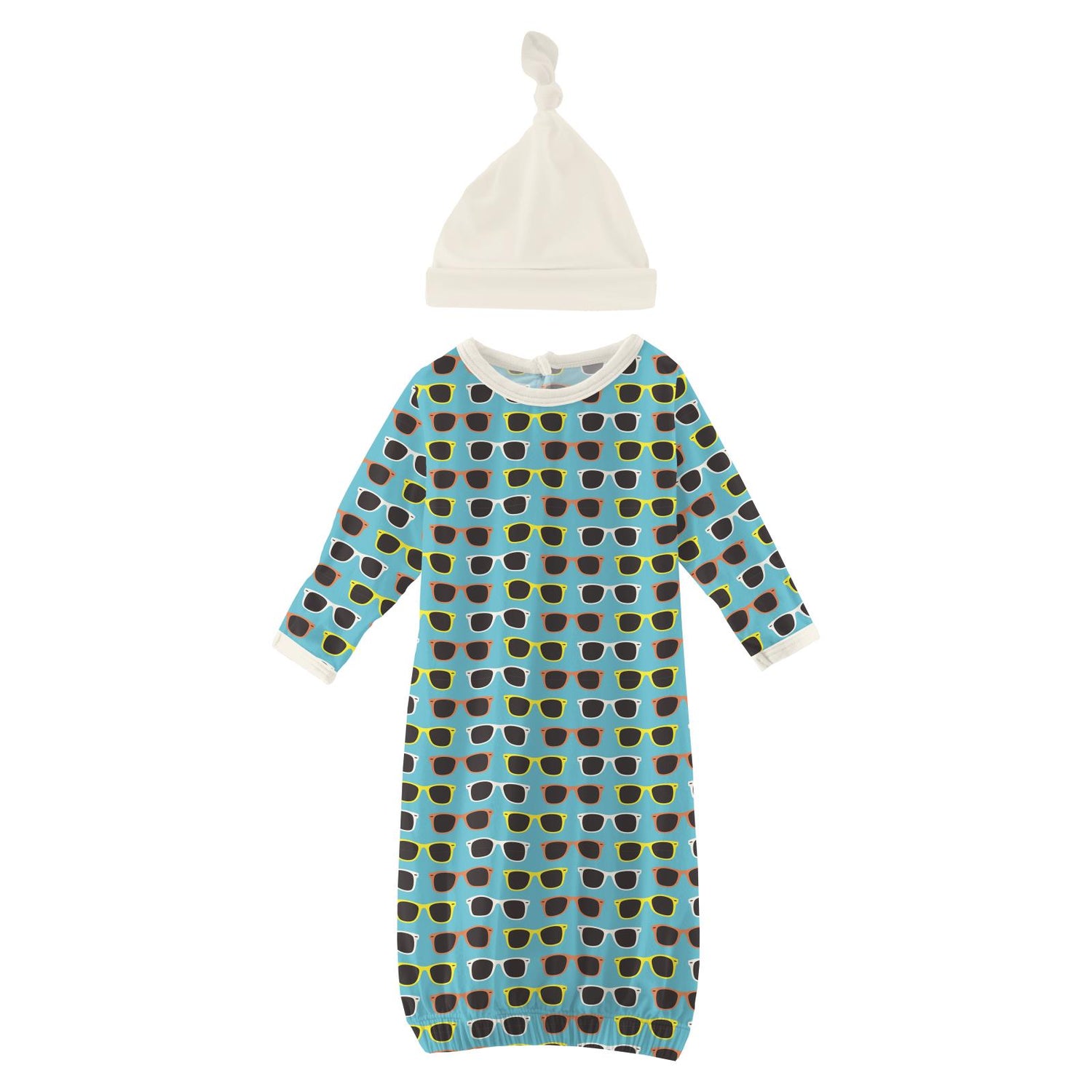 Print Layette Gown & Single Knot Hat Set in Confetti Sunglasses