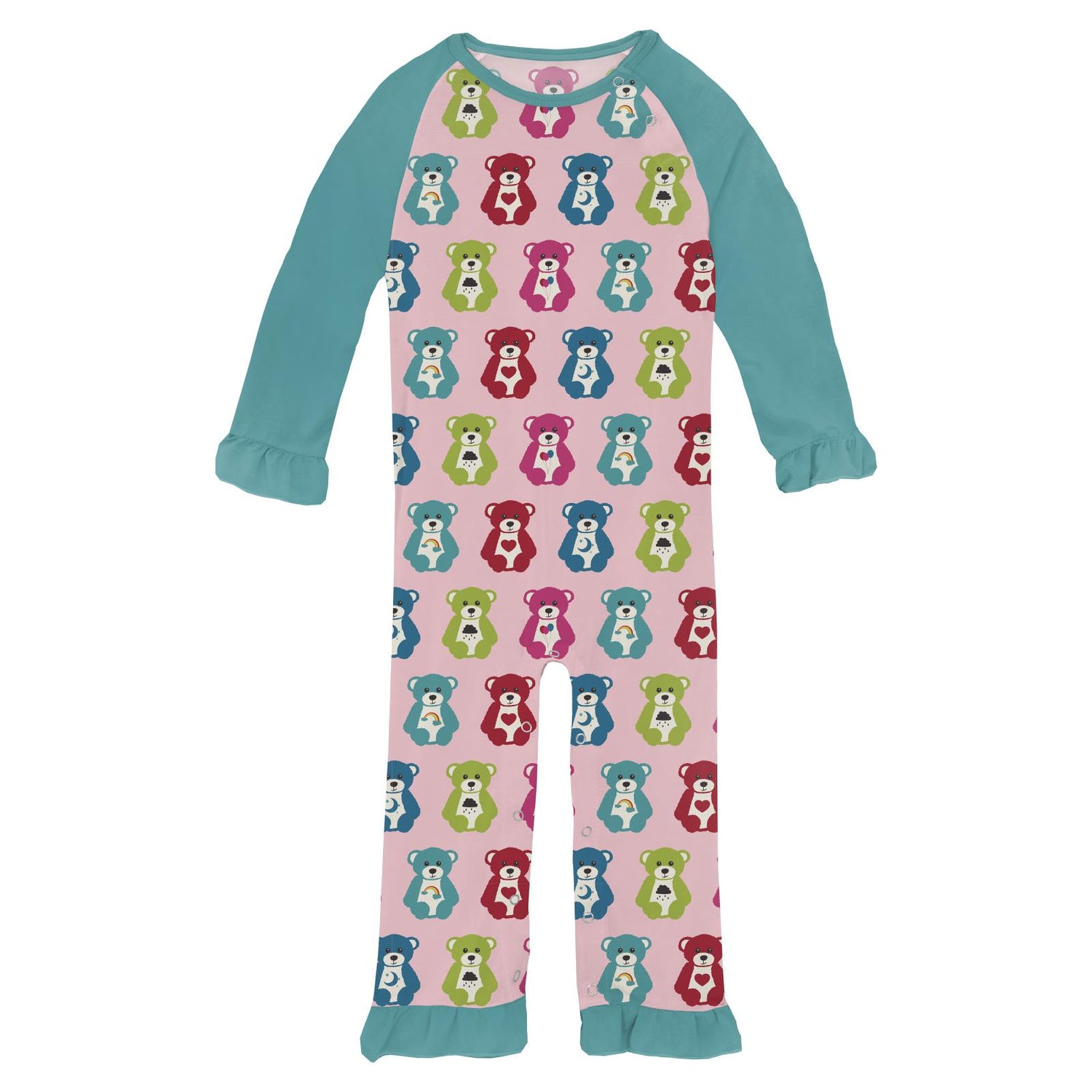 Print Long Sleeve Ruffle Raglan Romper in Lotus Happy Teddy