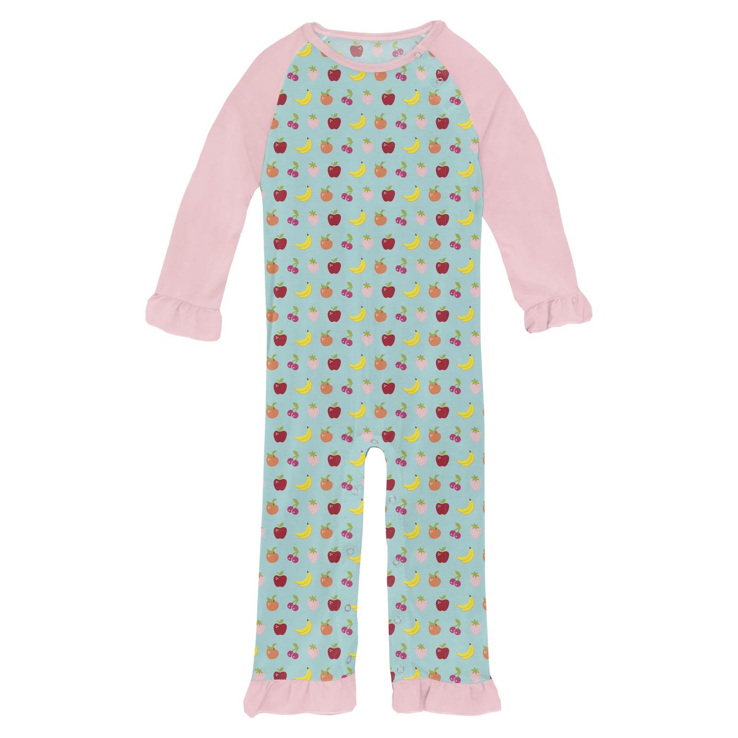 Print Long Sleeve Ruffle Raglan Romper in Summer Sky Mini Fruit
