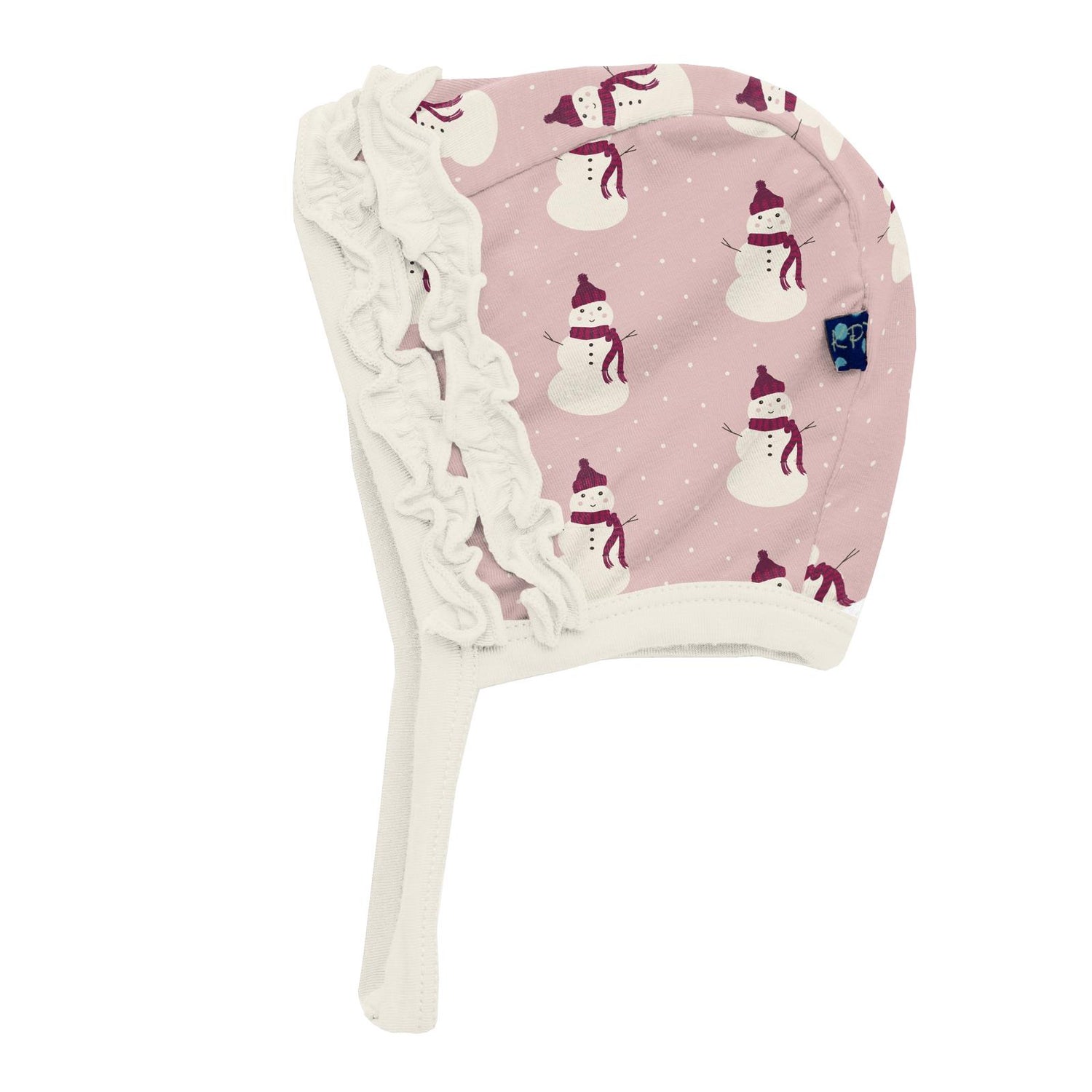 Print Ruffle Bonnet in Baby Rose Tiny Snowman