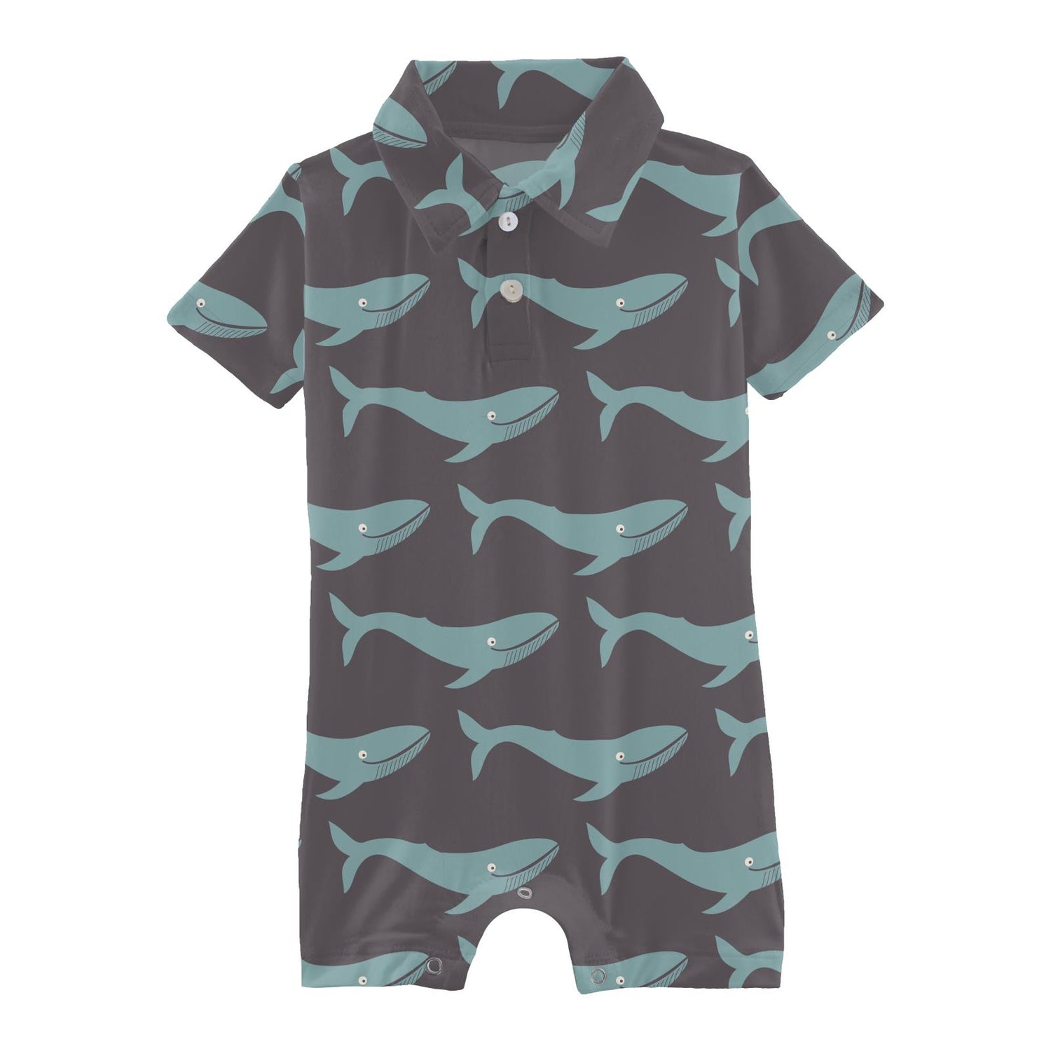 Print Short Sleeve Polo Romper in Rain Whale