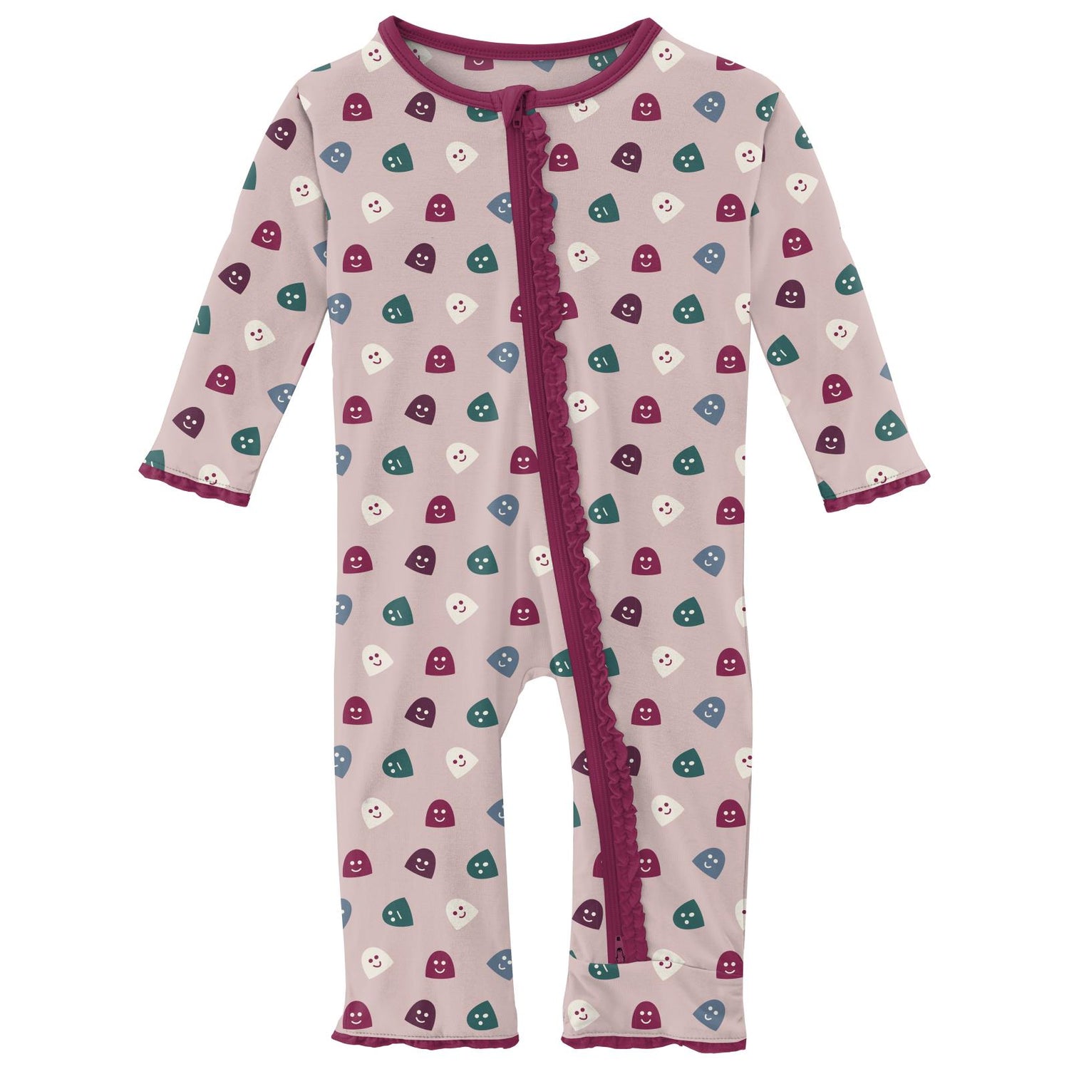 Print Muffin Ruffle Coverall with 2 Way Zipper in Baby Rose Happy Gumdrops