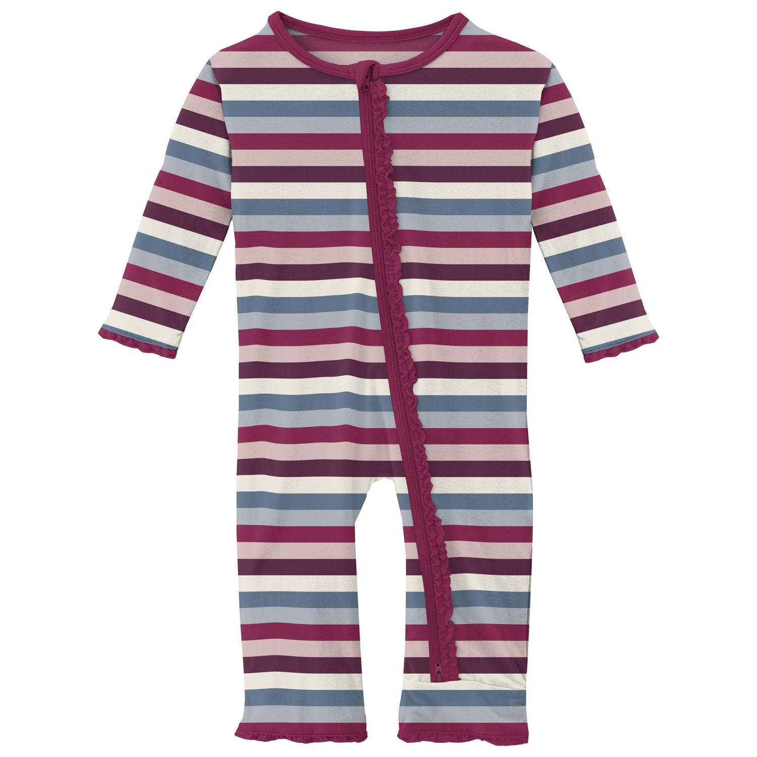 Print Muffin Ruffle Coverall with 2 Way Zipper in Jingle Bell Stripe