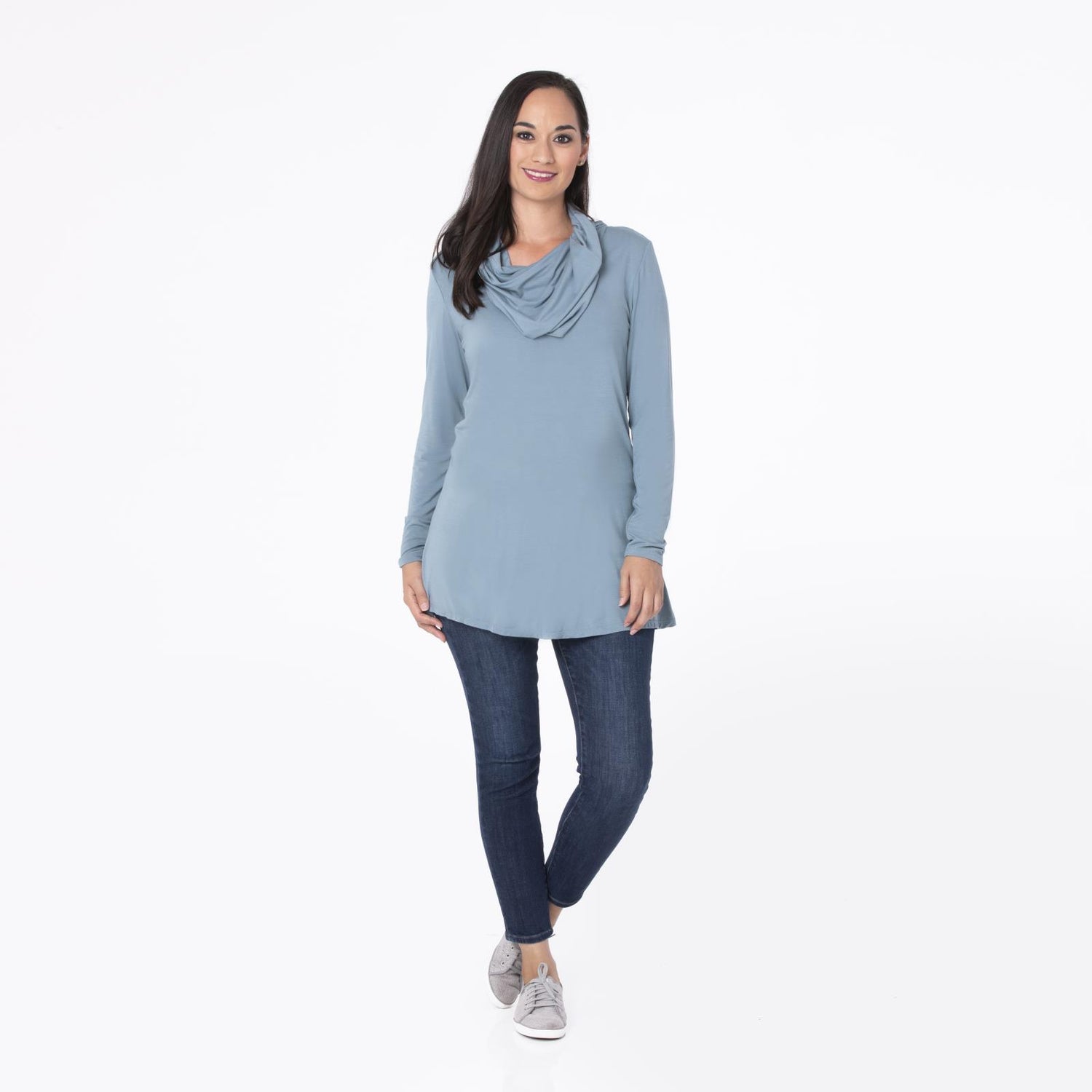 Women's Long Sleeve Cowl-Neck Tunic in Dusty Sky