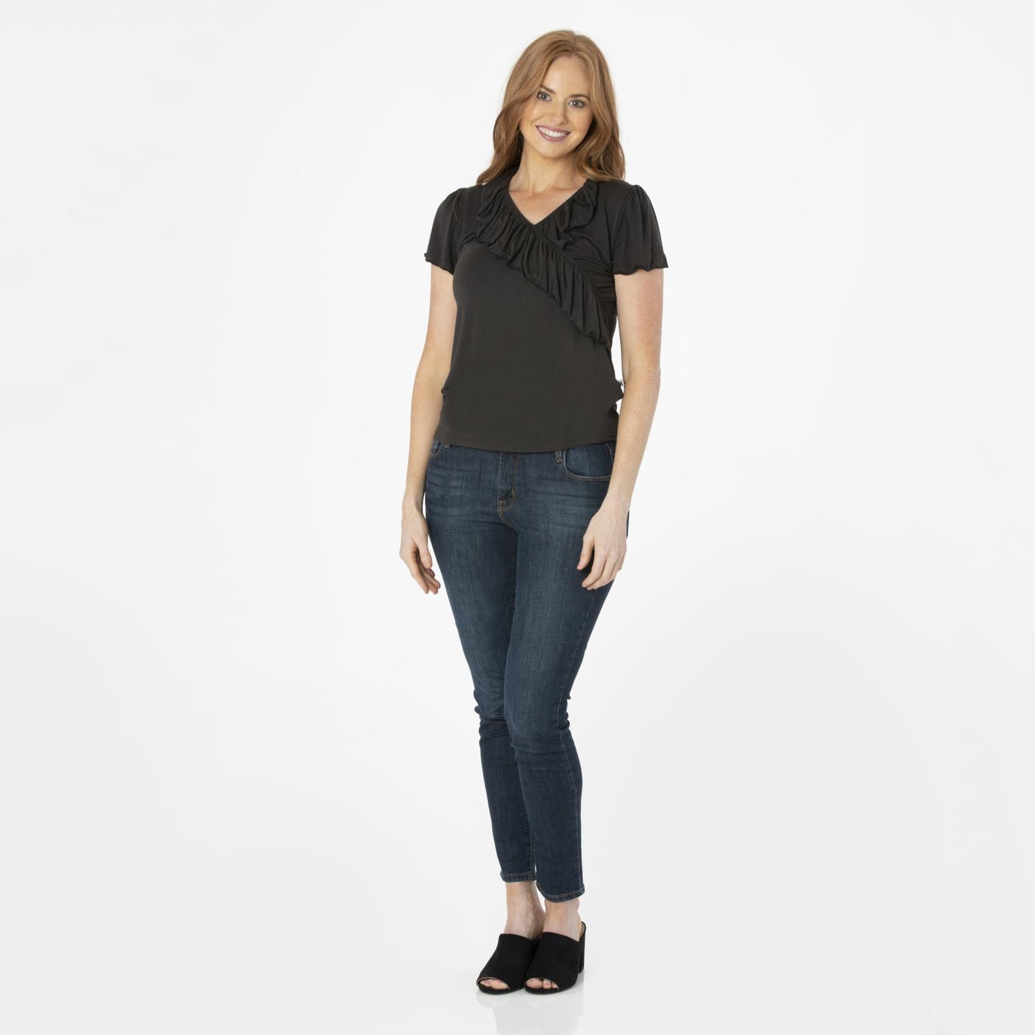 Women's Short Sleeve Cross Ruffle Tee in Zebra