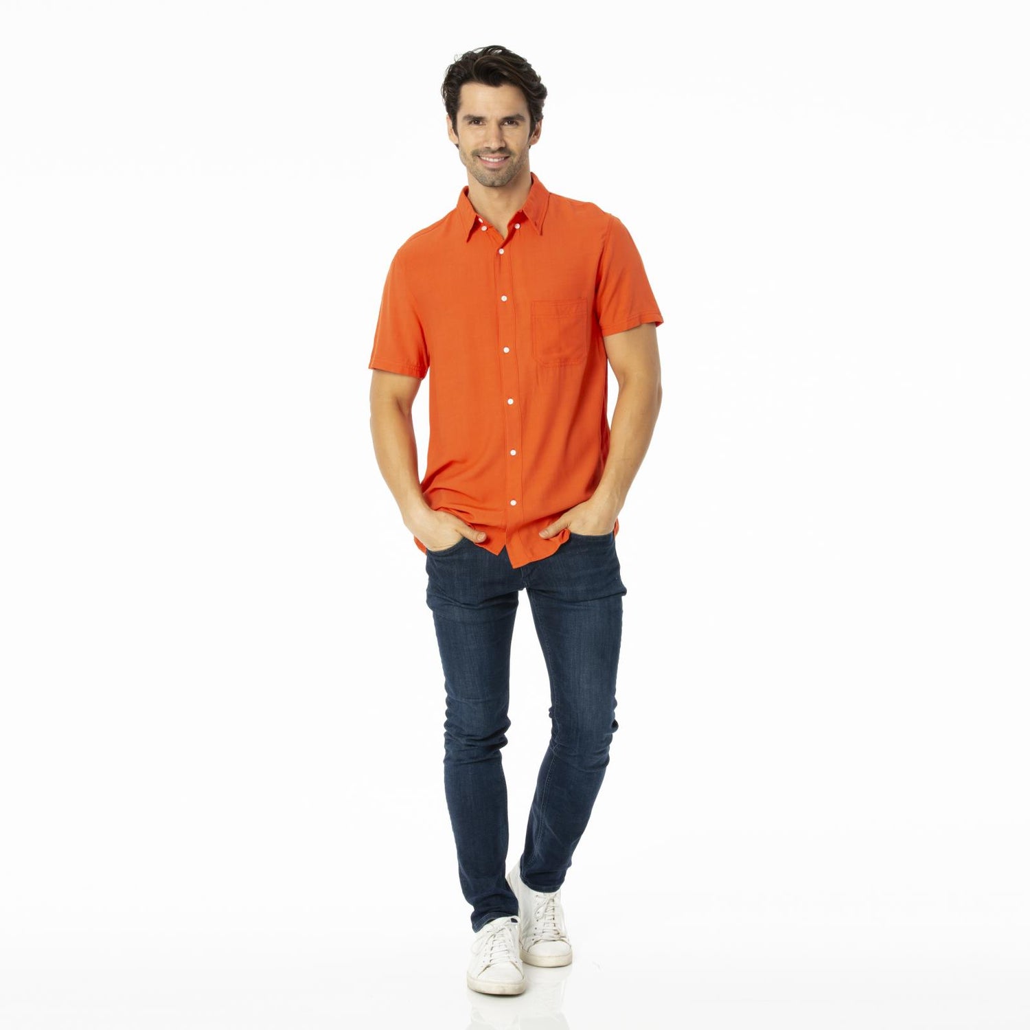 Men's Short Sleeve Woven Button Down Shirt in Poppy