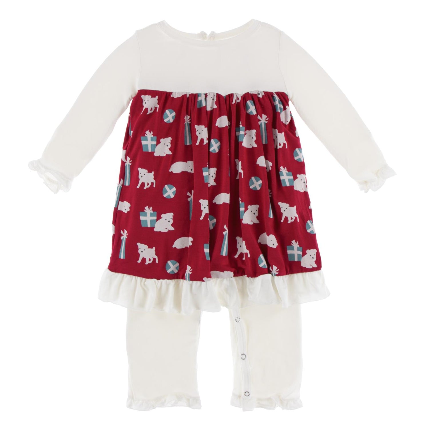 Print Long Sleeve Dress Romper in Crimson Puppies and Presents