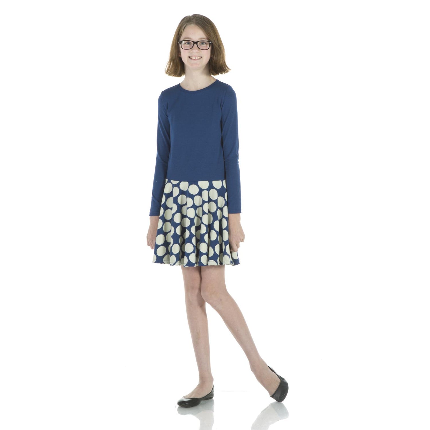Print Long Sleeve Luxe Keyhole Dress in Navy Mod Dot